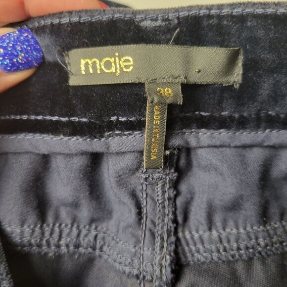 Maje Women's 28 Dark Navy Blue Velvet High Rise Slim Fit Stretch Designer Pants - Picture 4 of 9